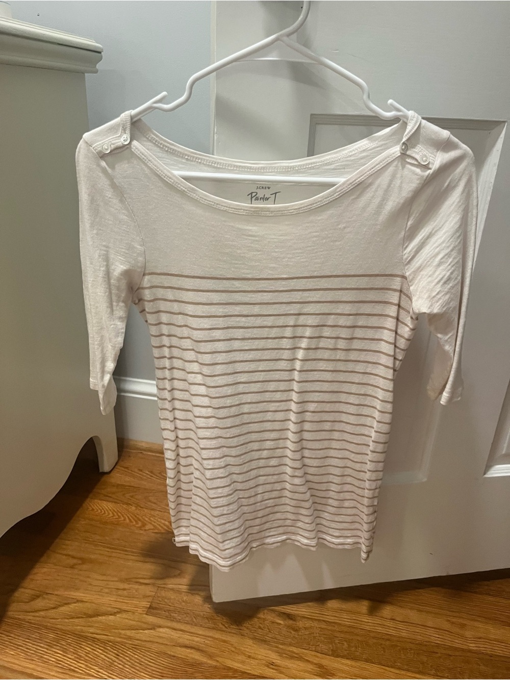 J. Crew Cream and Taupe Striped Boatneck Tee